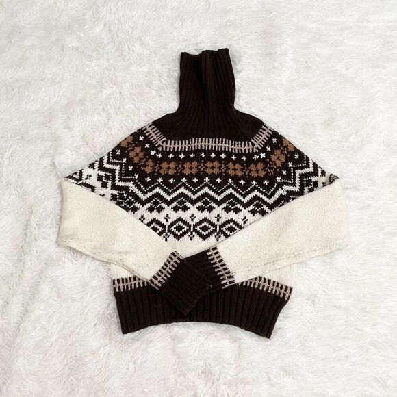 Women American Eagle Aztec Turtle Neck Knit Sweatshirt Brown/ White Extra Small - Picture 1 of 9